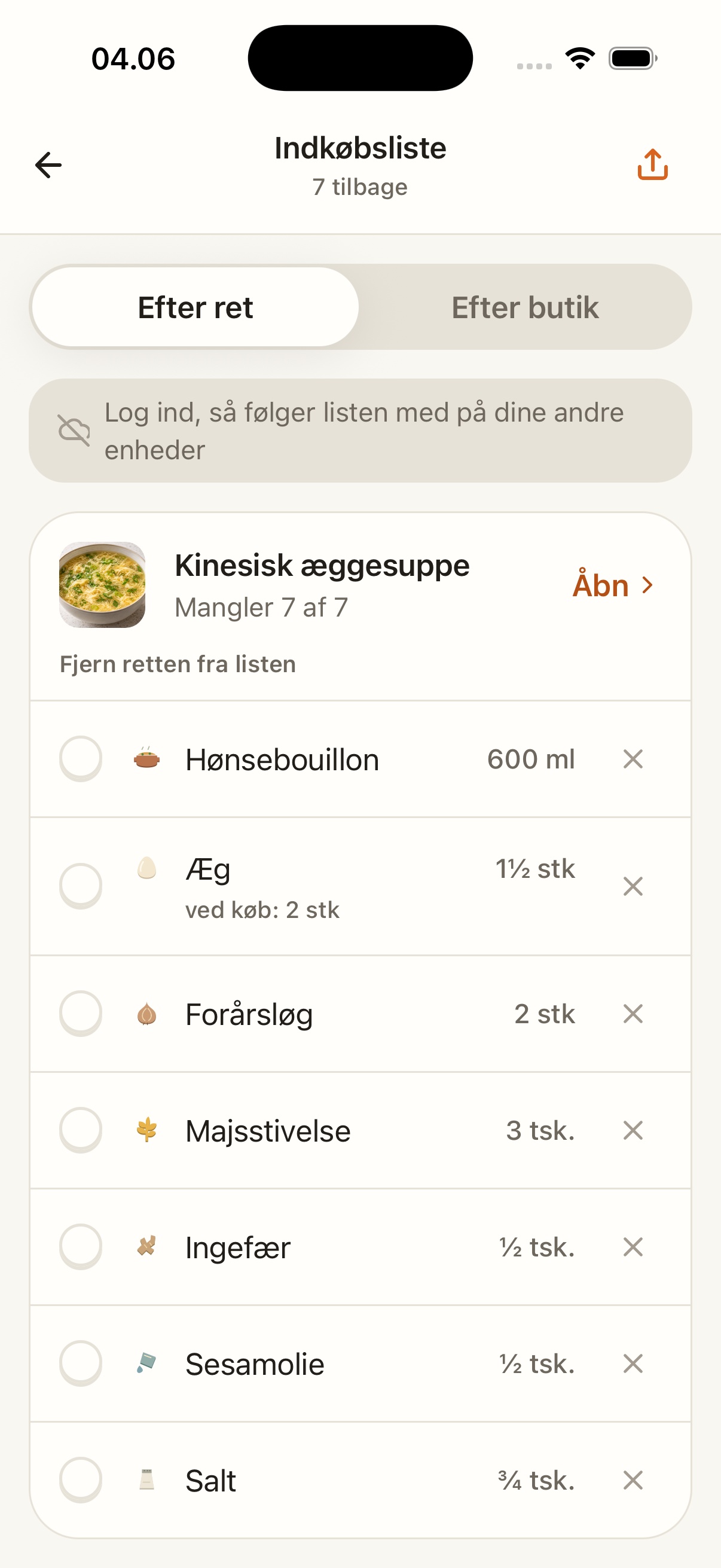 Indkøbslisten efter ret: kinesisk æggesuppe, syv råvarer med mængder.