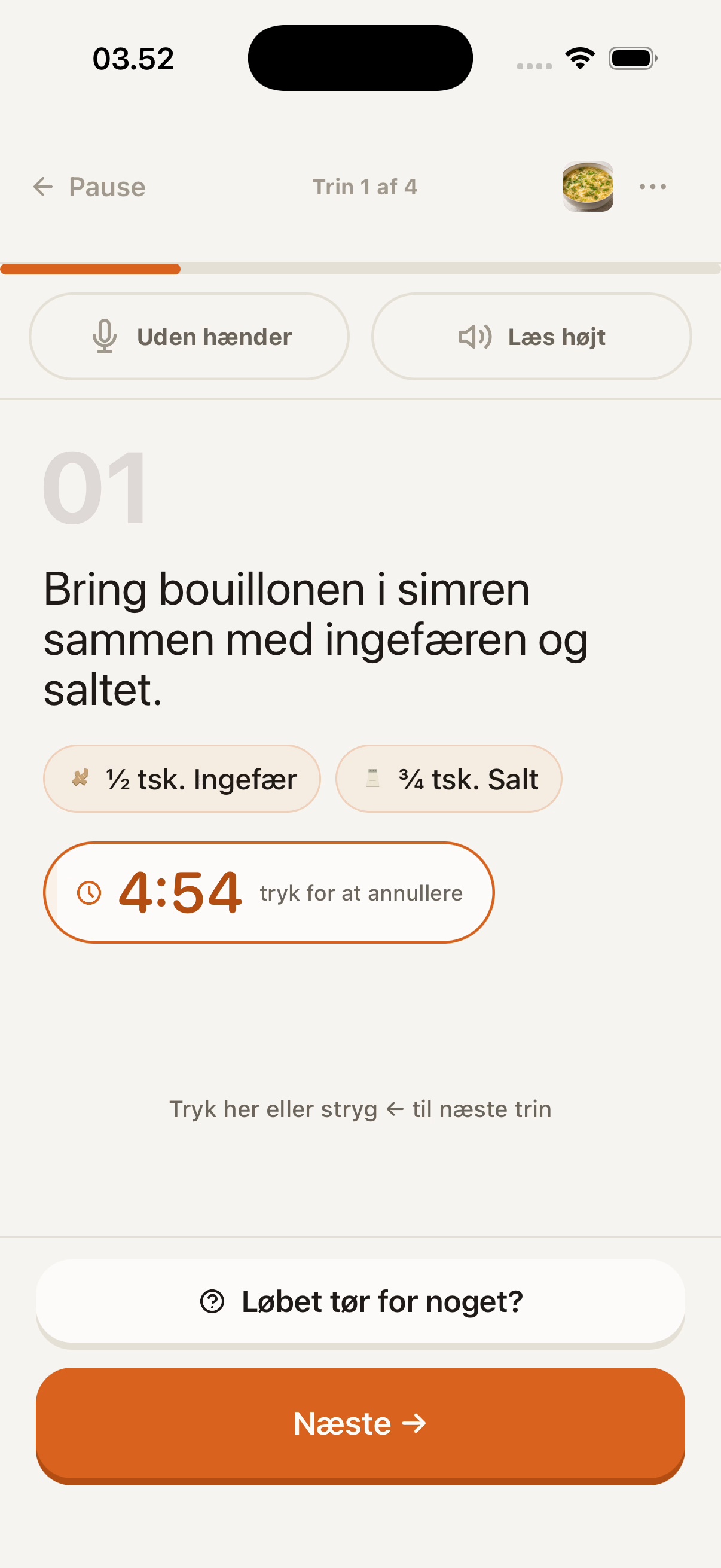 Kogetilstand, trin et af fire, med timeren i gang.