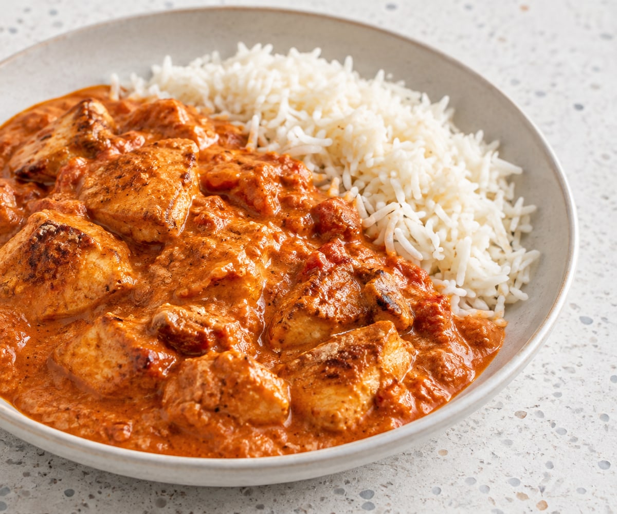 Butter chicken. AI-genereret serveringsforslag.