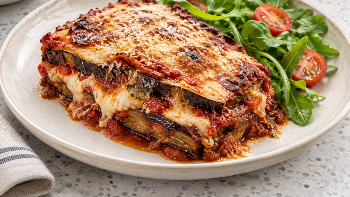 Parmigiana med aubergine. AI-genereret serveringsforslag.