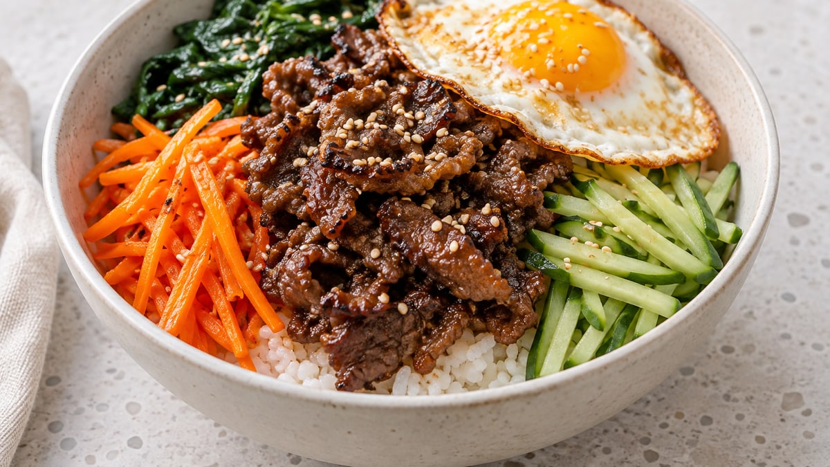 Bulgogi-bowl med oksekød. AI-genereret serveringsforslag.