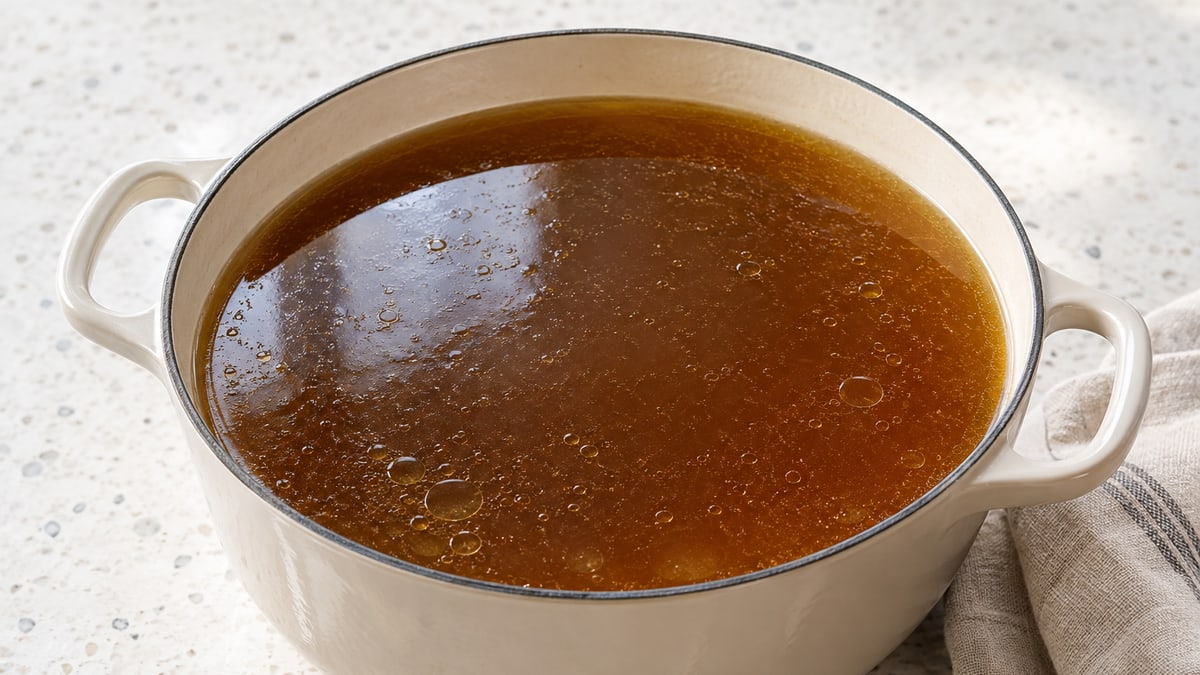 Oksebouillon. AI-genereret serveringsforslag.