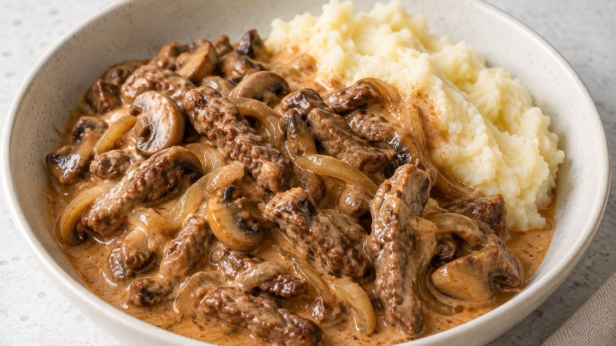 Bøf Stroganoff. AI-genereret serveringsforslag.