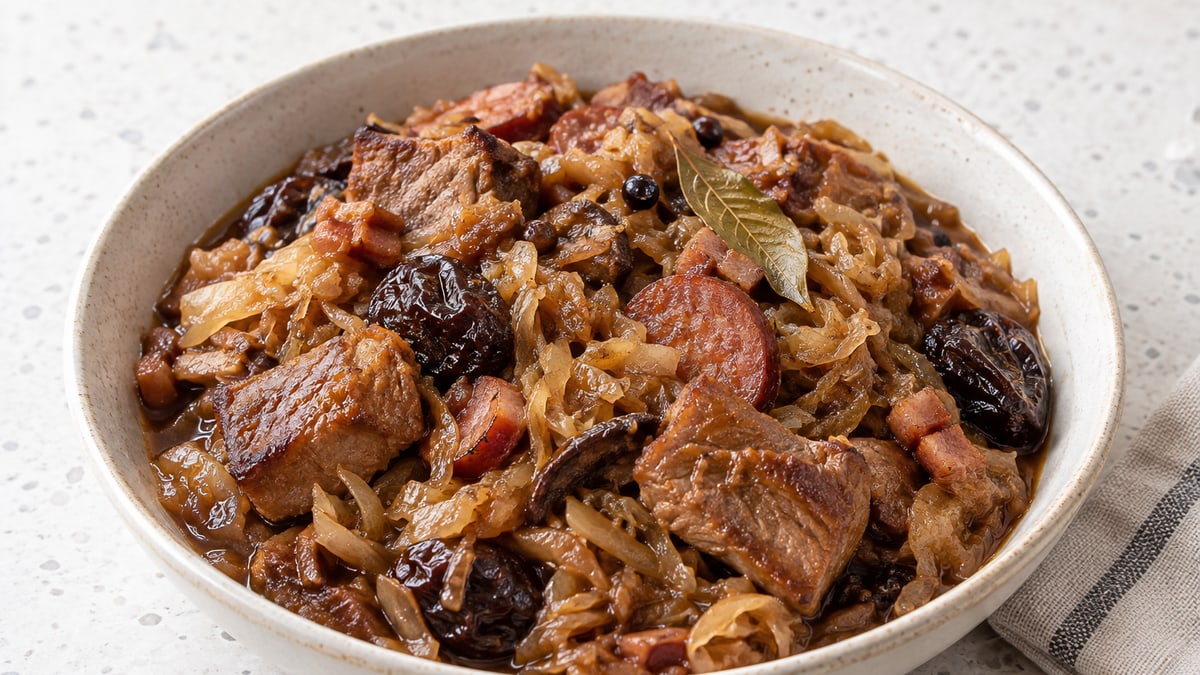 Bigos (polsk jægergryde). AI-genereret serveringsforslag.