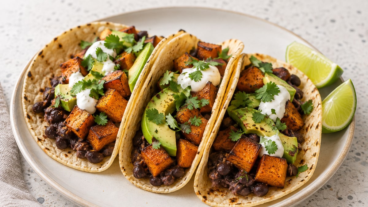 Tacos med sorte bønner og sød kartoffel. AI-genereret serveringsforslag.
