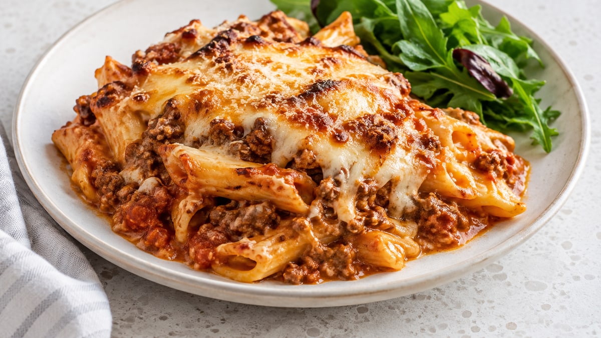 Pastagratin med bolognese. AI-genereret serveringsforslag.