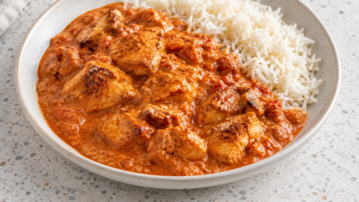 Butter chicken. AI-genereret serveringsforslag.