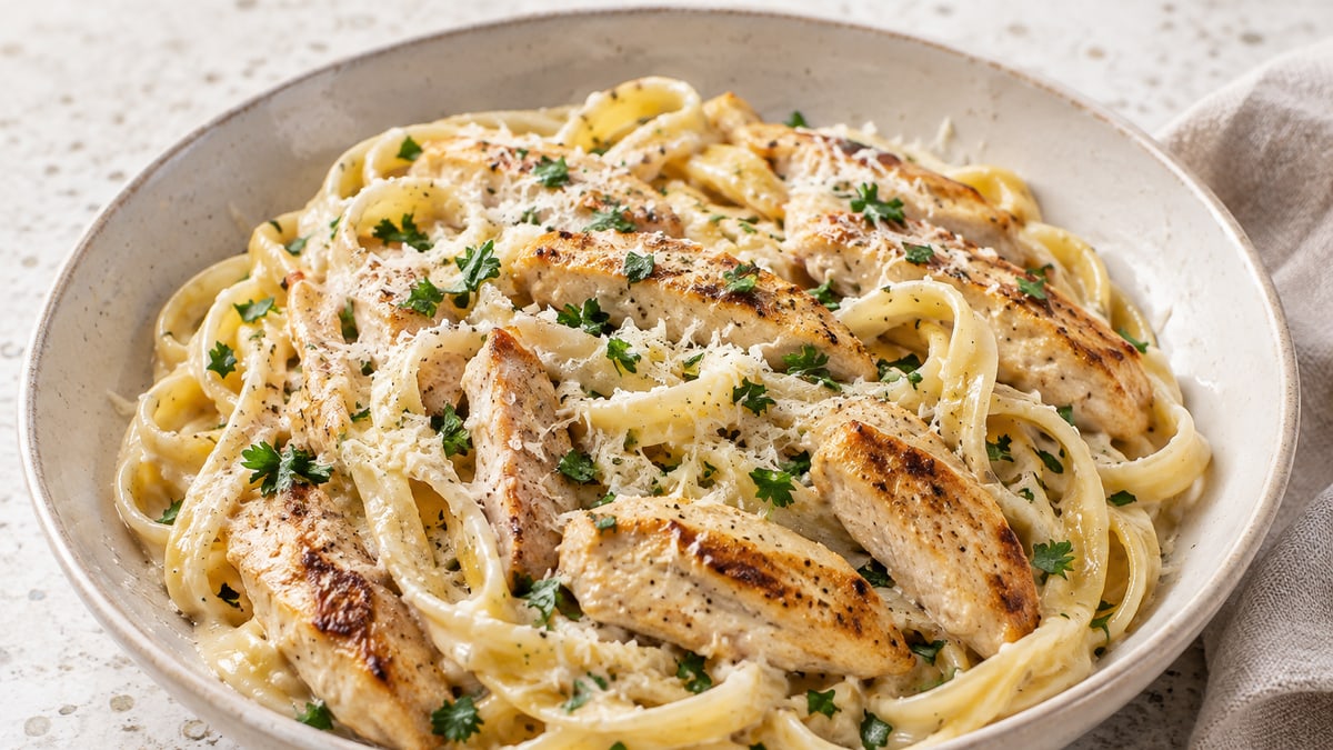 Kylling Alfredo. AI-genereret serveringsforslag.