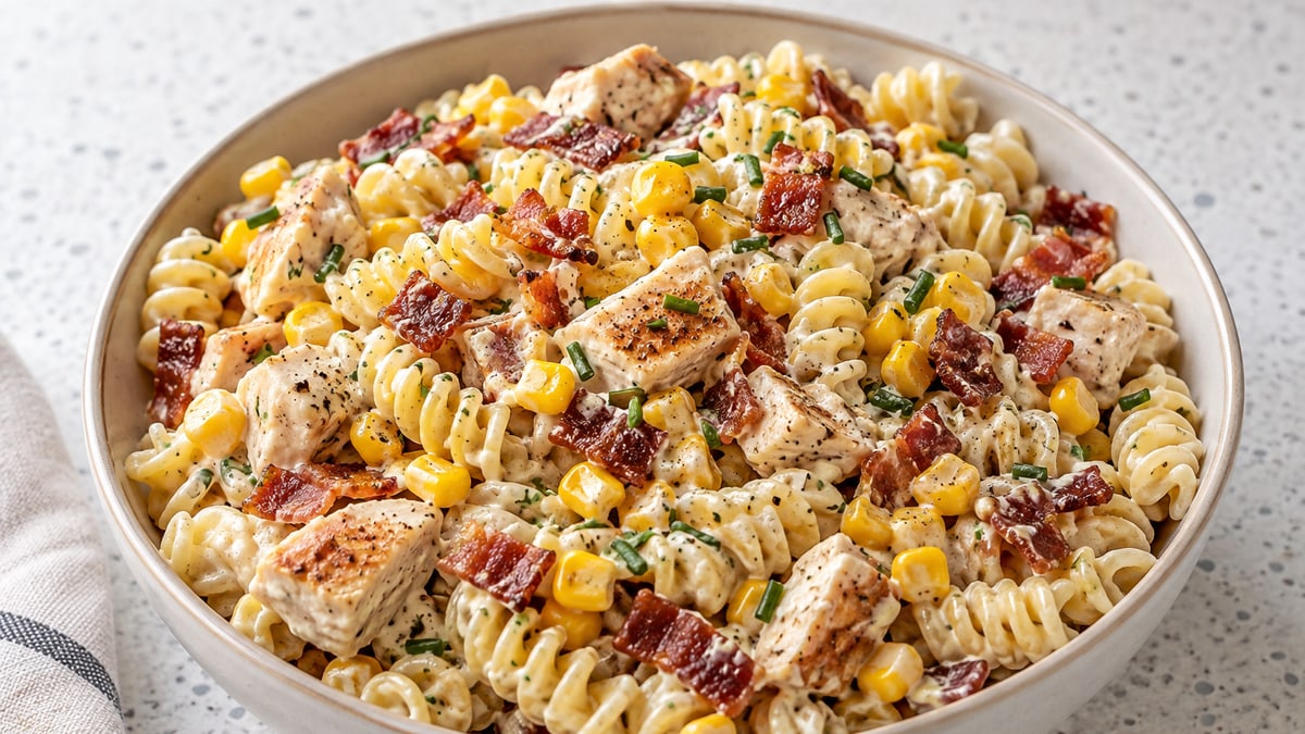 Pastasalat med kylling, bacon og majs. AI-genereret serveringsforslag.