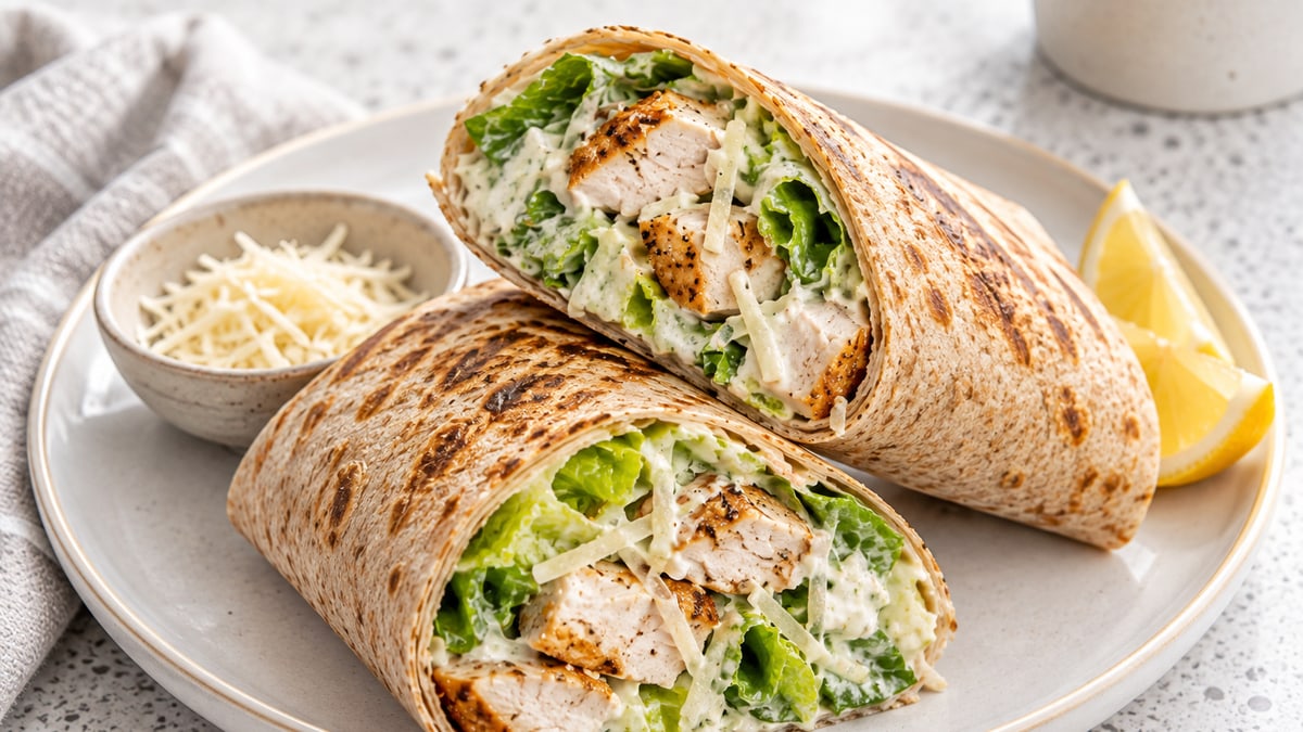 Let kylling-caesar-wrap. AI-genereret serveringsforslag.