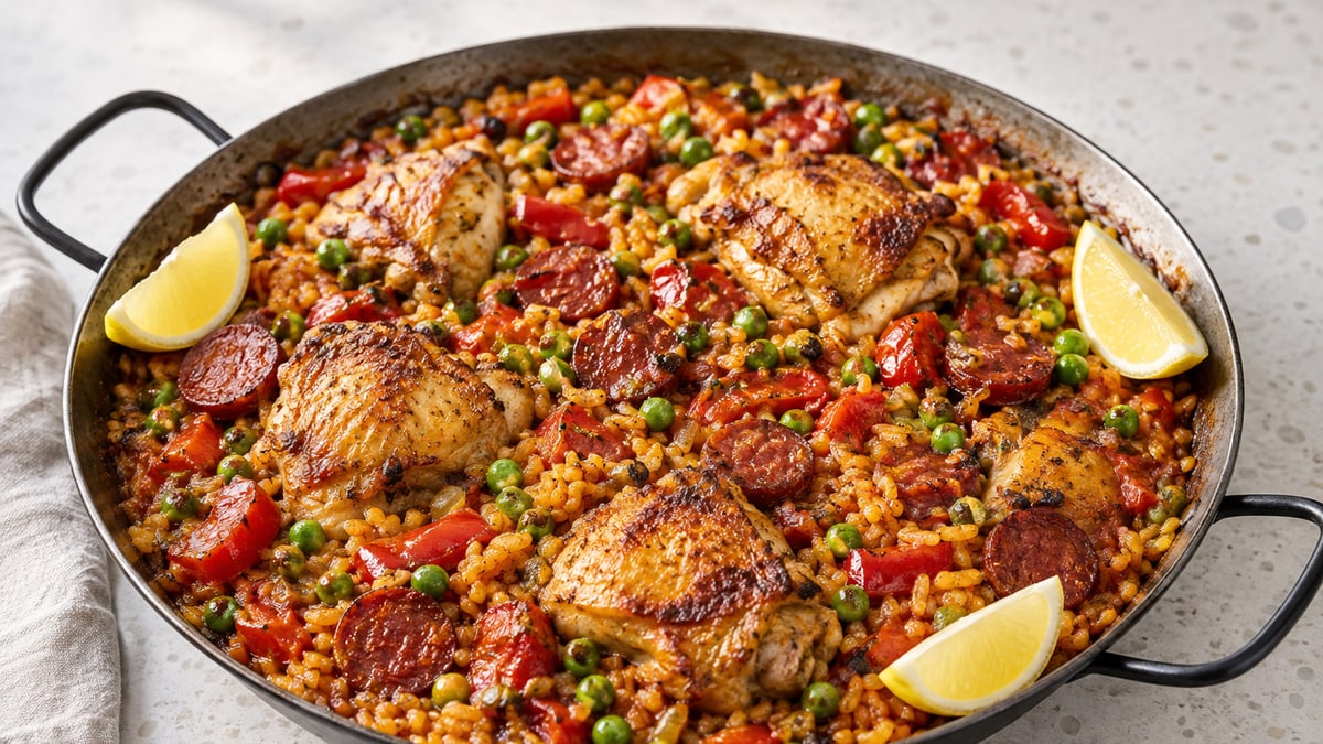 Paella med kylling og chorizo. AI-genereret serveringsforslag.