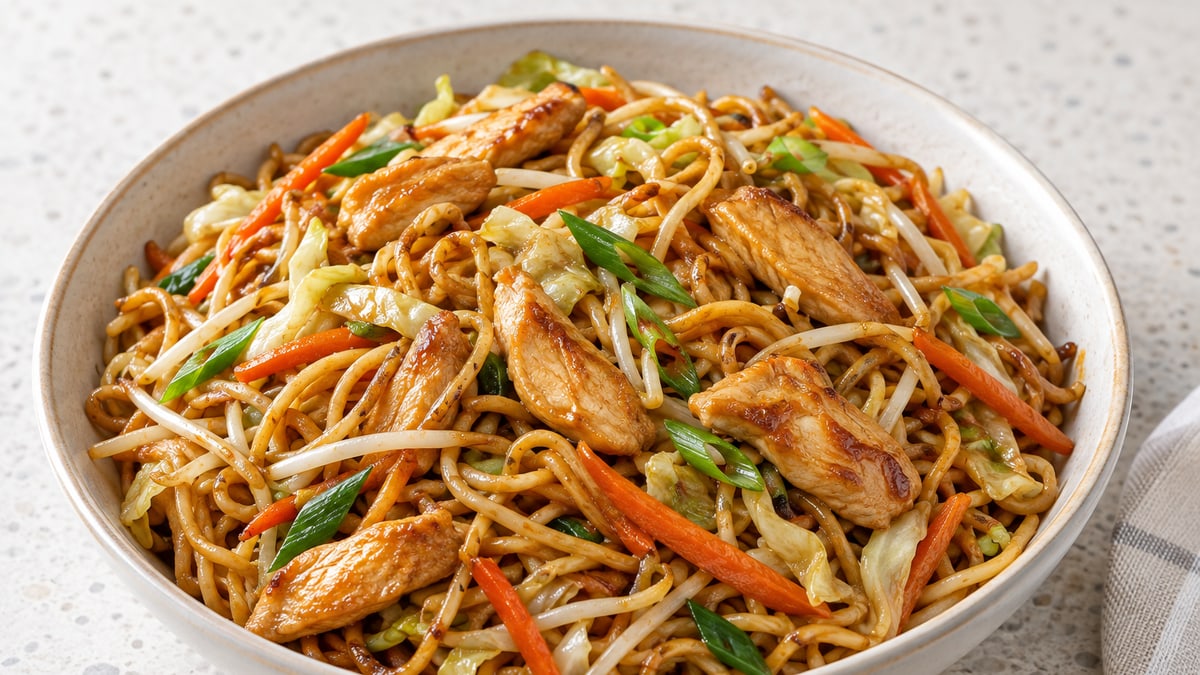 Chow mein med kylling. AI-genereret serveringsforslag.