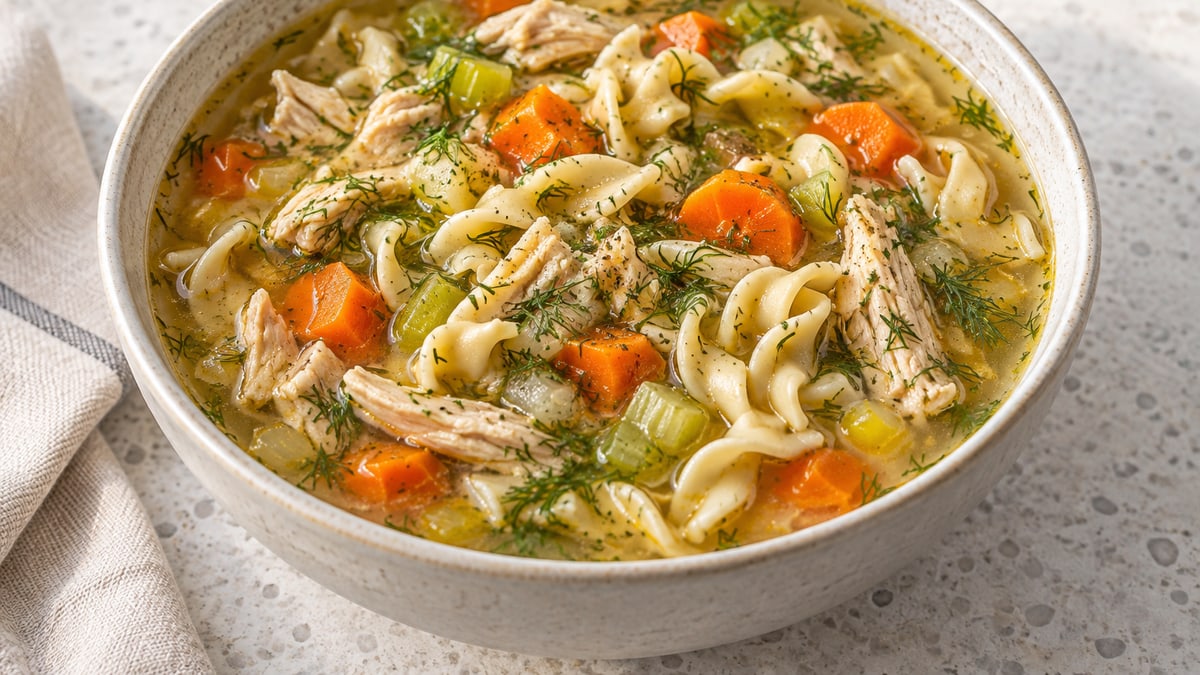 Kyllingesuppe med nudler. AI-genereret serveringsforslag.