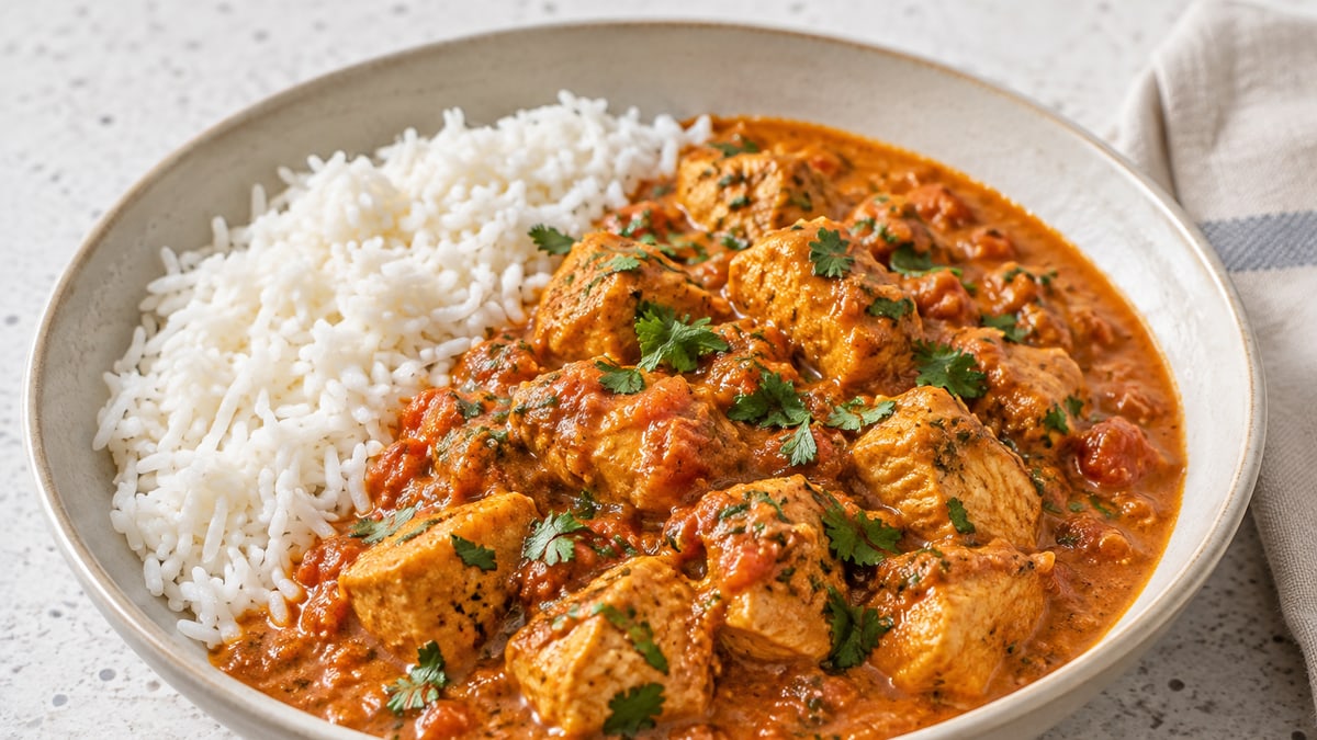 Let tikka masala med kylling. AI-genereret serveringsforslag.