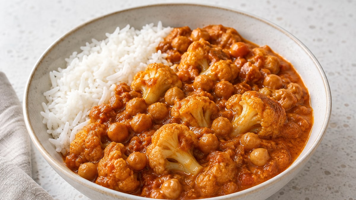 Masala med kikærter og blomkål. AI-genereret serveringsforslag.