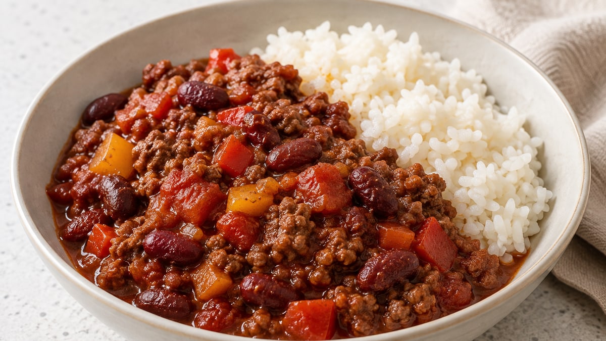 Chili con carne. AI-genereret serveringsforslag.