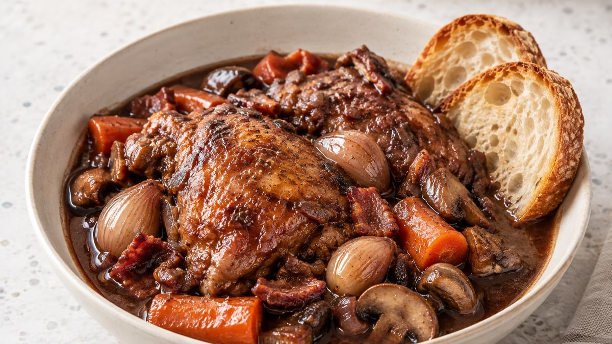 Coq au vin. AI-genereret serveringsforslag.