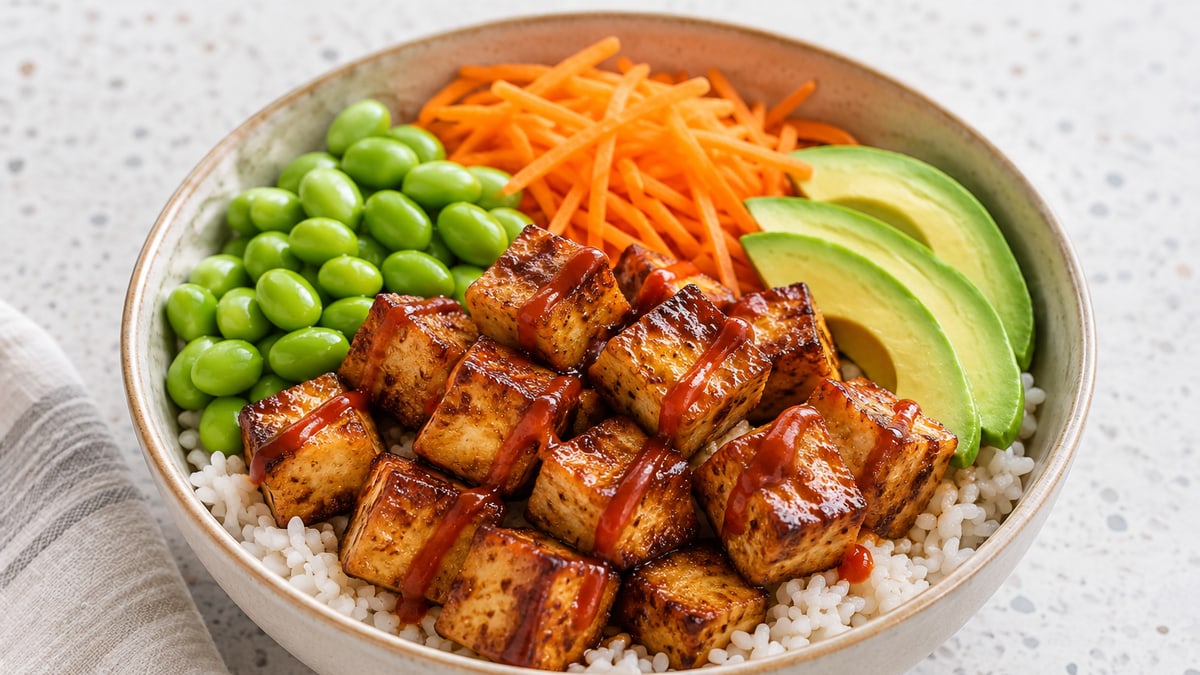 Buddha bowl med sprød tofu. AI-genereret serveringsforslag.