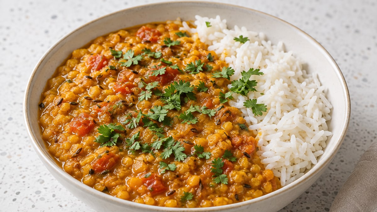 Dal Tadka (indiske krydrede linser). AI-genereret serveringsforslag.