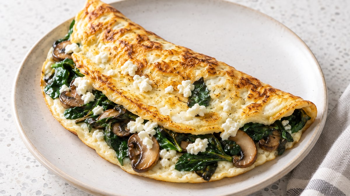 Æggehvideomelet med grøntsager. AI-genereret serveringsforslag.