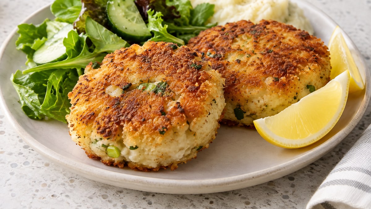 Fiskefrikadeller. AI-genereret serveringsforslag.