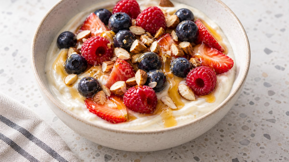 Powerbowl med græsk yoghurt. AI-genereret serveringsforslag.