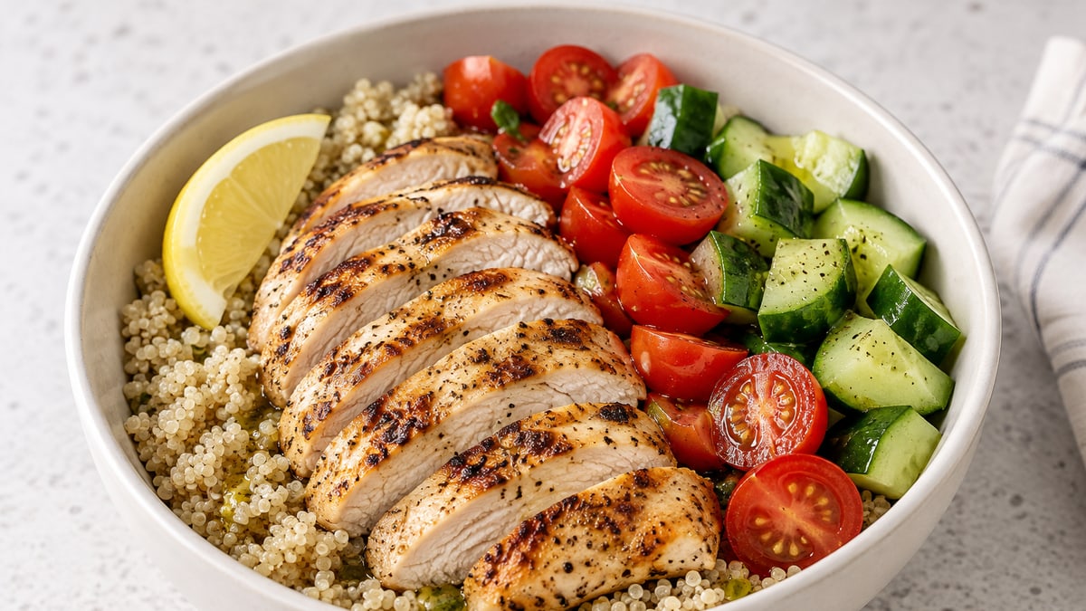 Bowl med grillet kylling og quinoa. AI-genereret serveringsforslag.