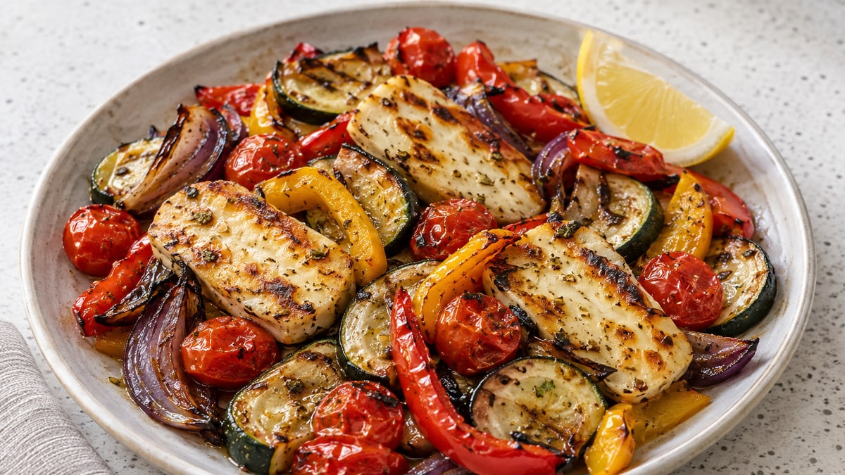 Halloumi og ovnstegte grøntsager på én plade. AI-genereret serveringsforslag.