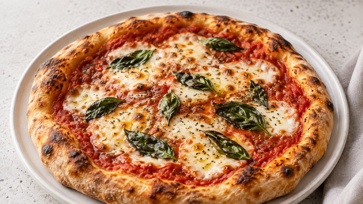 Hjemmelavet pizza. AI-genereret serveringsforslag.