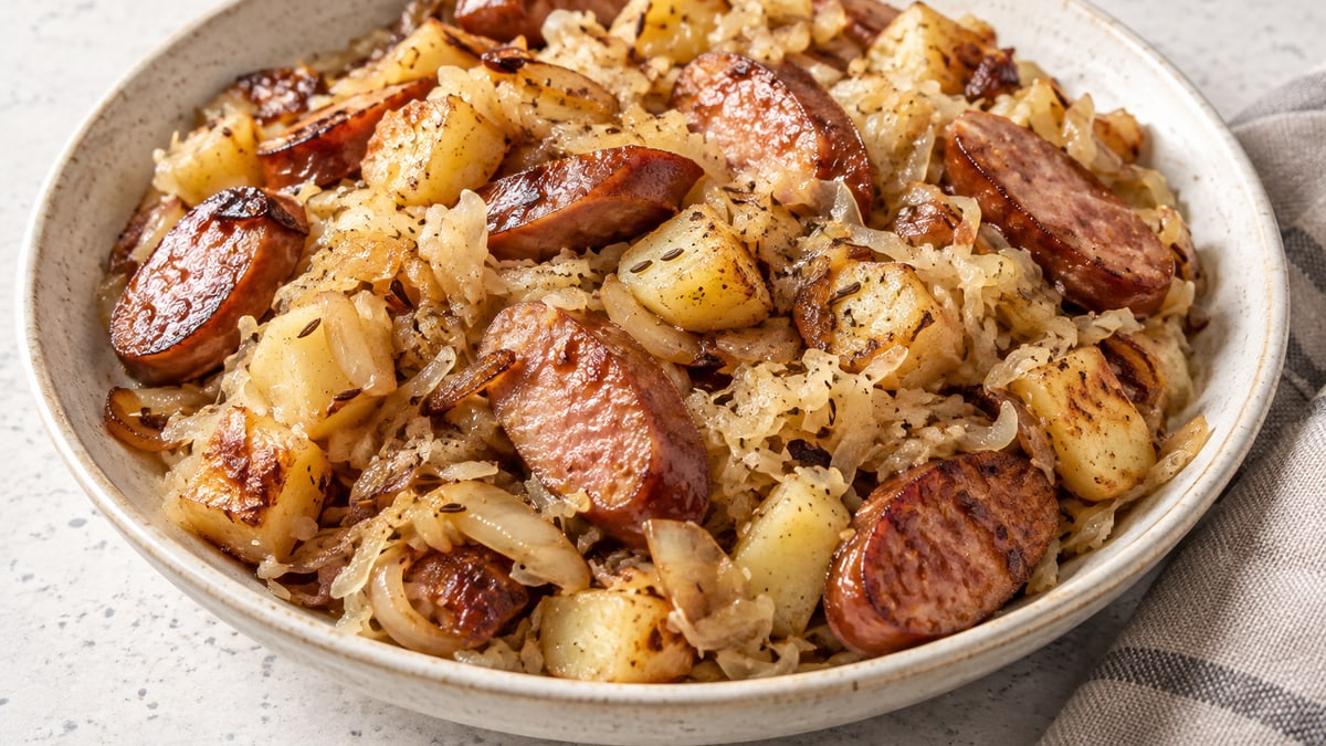 Kielbasa og surkål på panden. AI-genereret serveringsforslag.