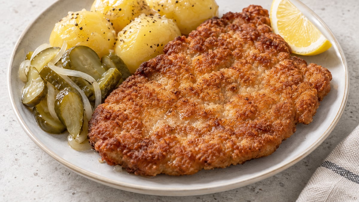Kotlet schabowy (polsk svinekotelet). AI-genereret serveringsforslag.