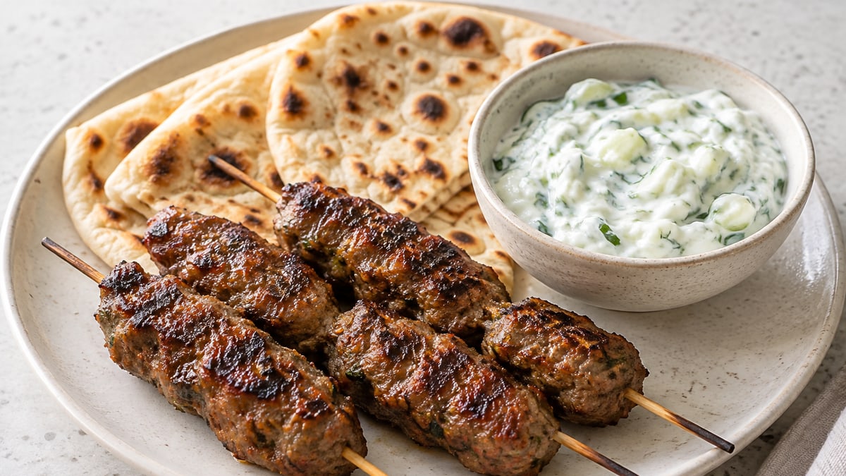 Lammekofta med tzatziki. AI-genereret serveringsforslag.