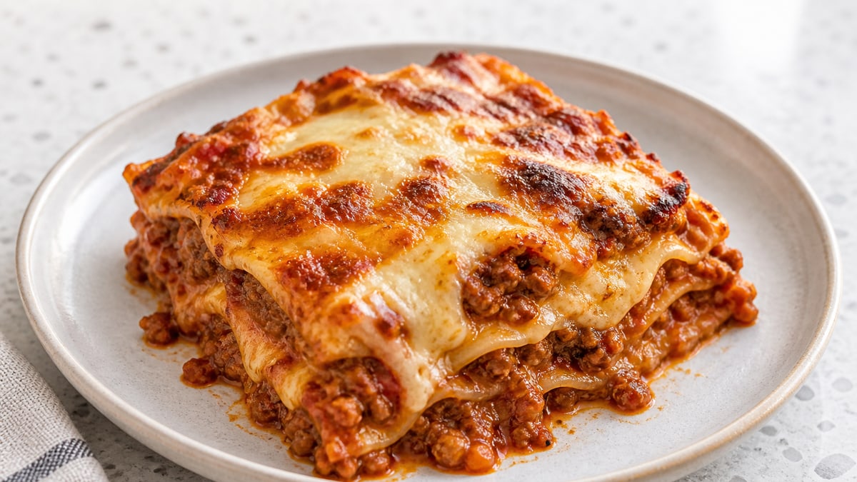 Lasagne. AI-genereret serveringsforslag.