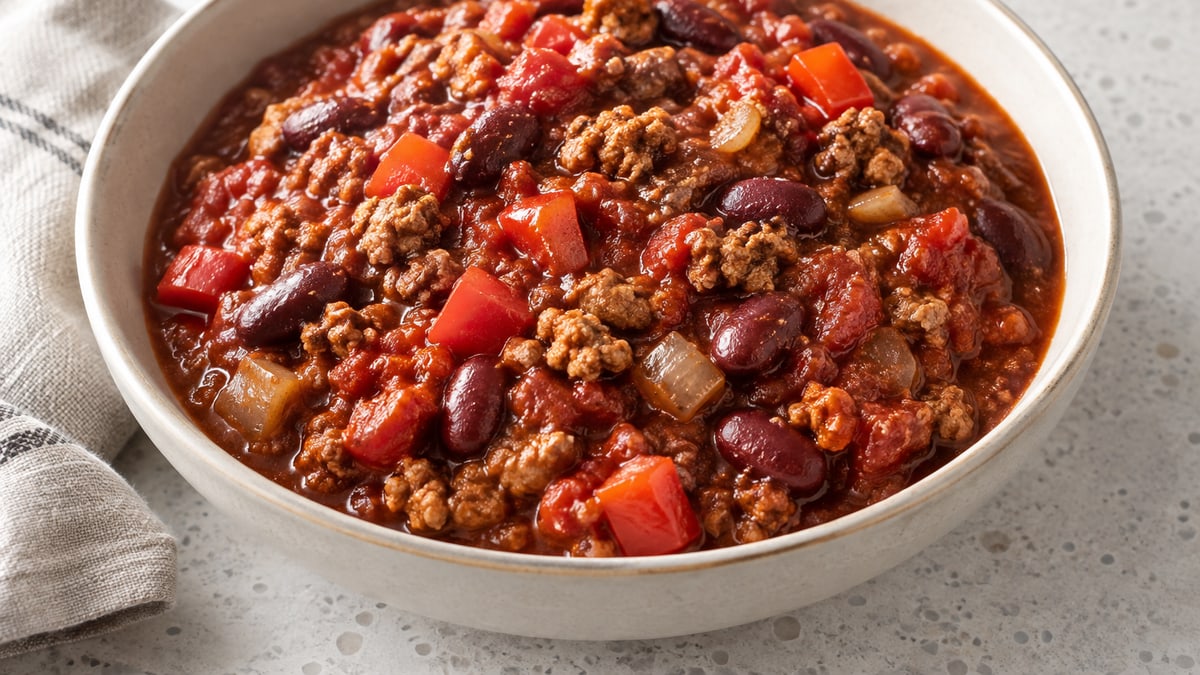 Mager kalkunchili. AI-genereret serveringsforslag.