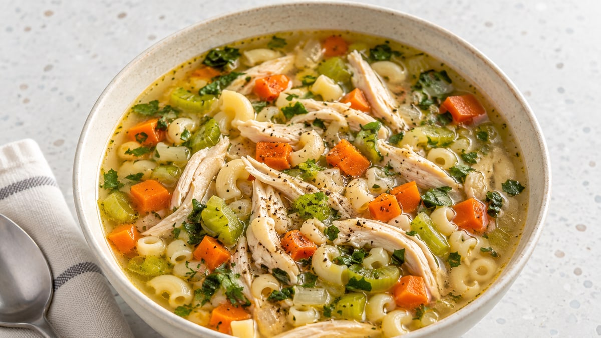 Suppe på ovnstegt kylling, AI-genereret serveringsforslag.