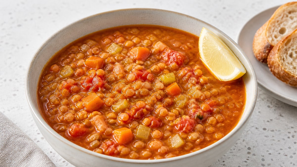 Linsesuppe. AI-genereret serveringsforslag.