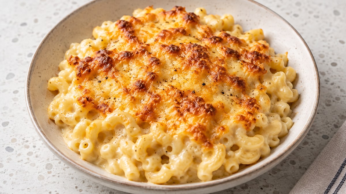 Makaroni med ost. AI-genereret serveringsforslag.