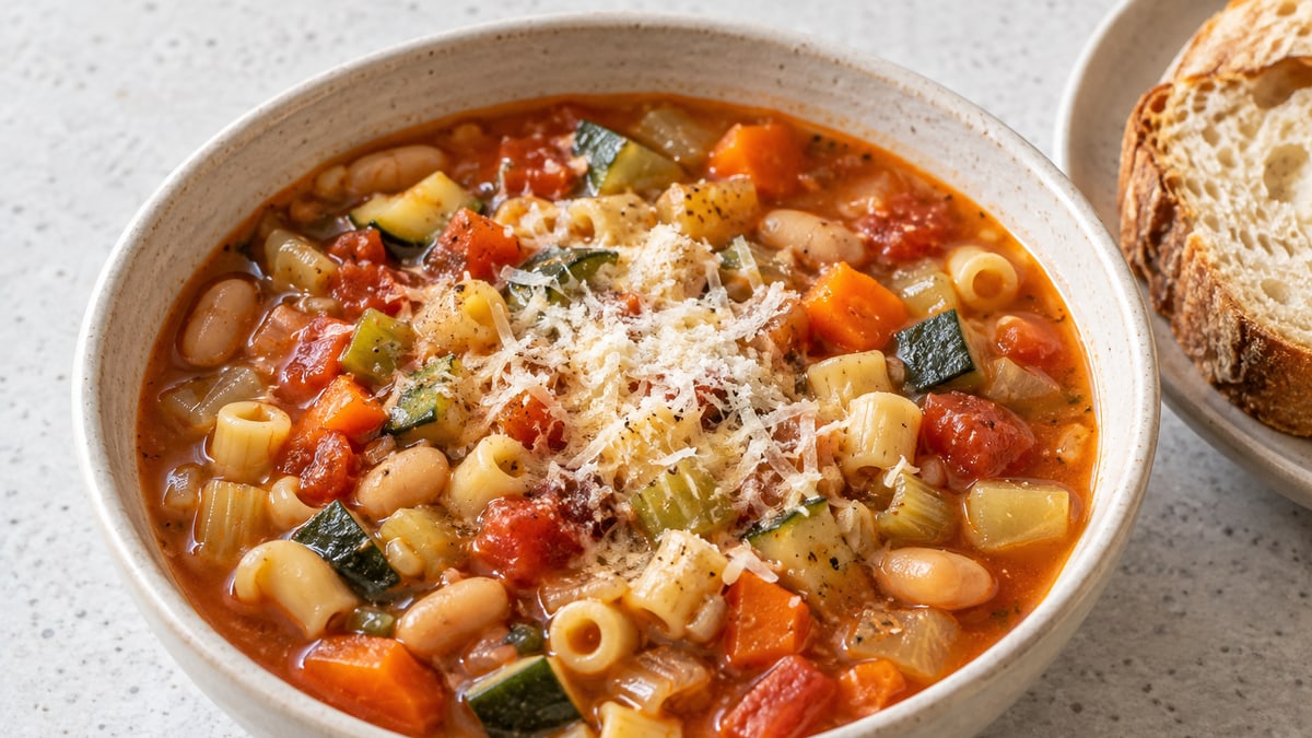 Minestrone. AI-genereret serveringsforslag.