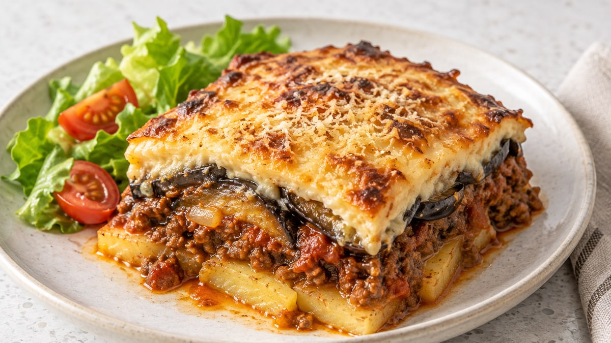 Moussaka. AI-genereret serveringsforslag.