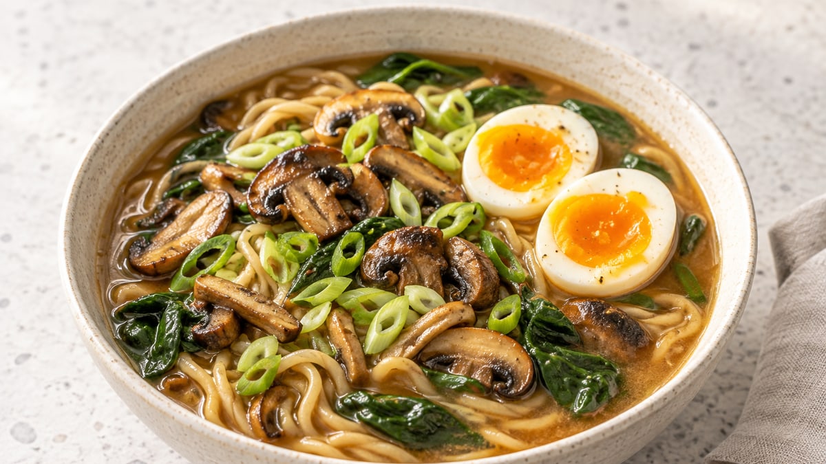 Nudelsuppe med svampe og miso. AI-genereret serveringsforslag.