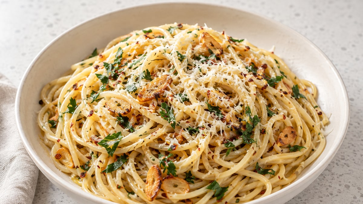 Pasta aglio e olio. AI-genereret serveringsforslag.