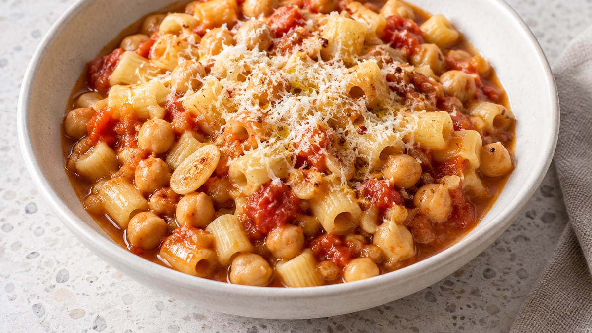 Pasta e Ceci (pasta med kikærter). AI-genereret serveringsforslag.