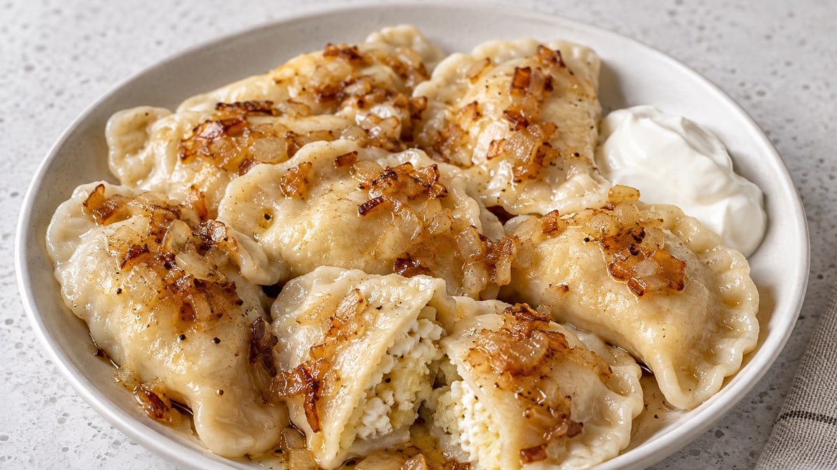 Pierogi ruskie (pierogi med kartoffel og ost). AI-genereret serveringsforslag.