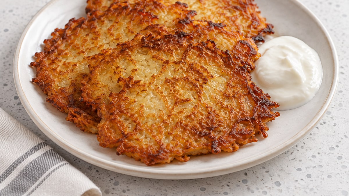Placki ziemniaczane (polske kartoffelpandekager). AI-genereret serveringsforslag.