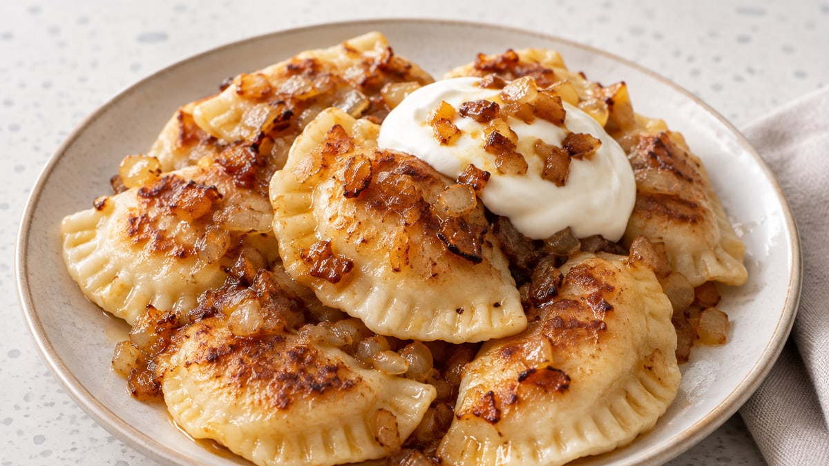 Babcios klassiske pierogi med kartoffel og ost. AI-genereret serveringsforslag.