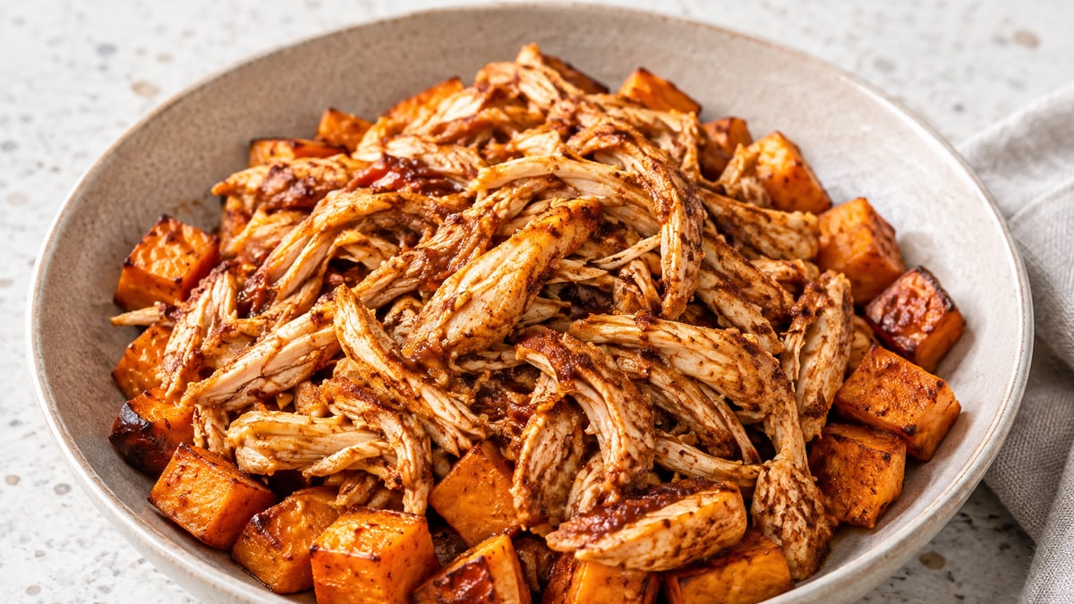 Røgkrydret pulled chicken med sød kartoffel. AI-genereret serveringsforslag.