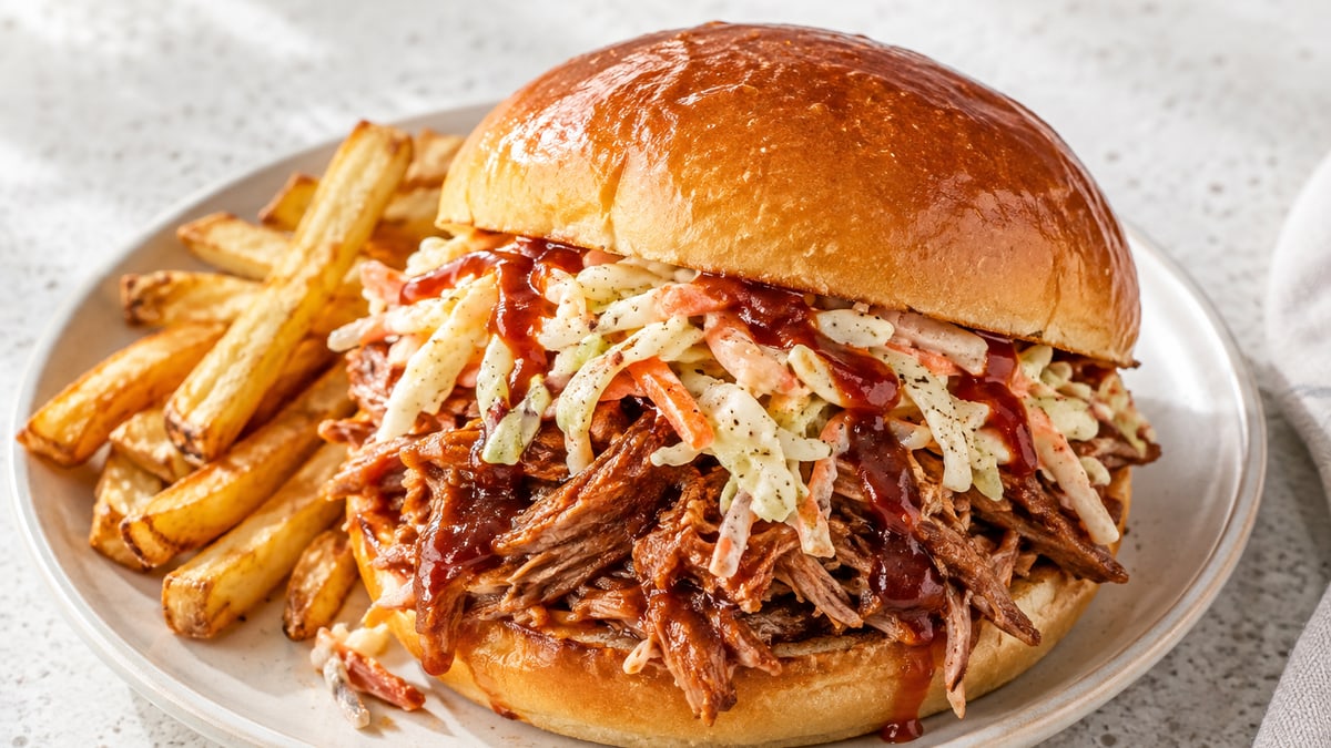 Sandwich med pulled pork. AI-genereret serveringsforslag.