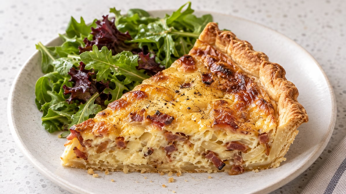 Quiche Lorraine. AI-genereret serveringsforslag.
