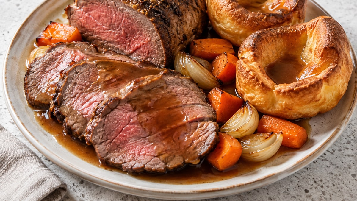 Roastbeef med yorkshirepudding. AI-genereret serveringsforslag.