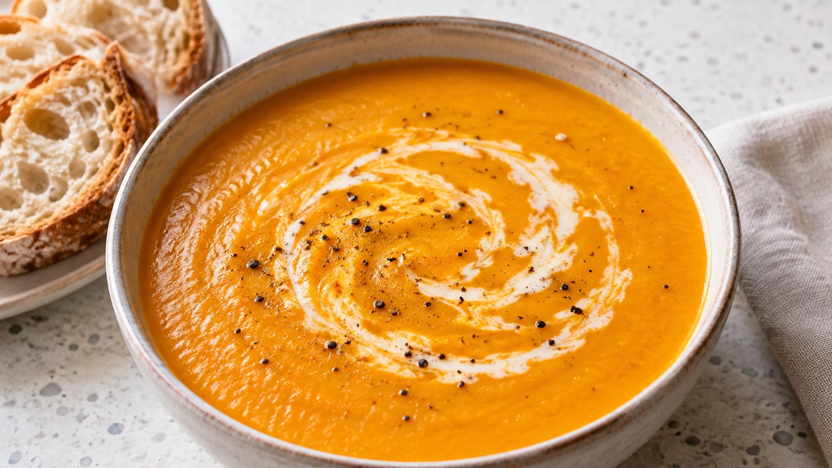 Ovnstegt butternutsuppe. AI-genereret serveringsforslag.